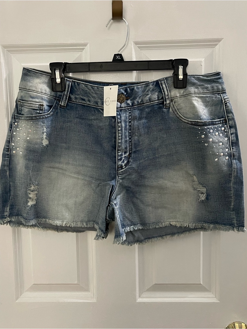 Washed Blue Rhinestone Distressed Denim Shorts - Women